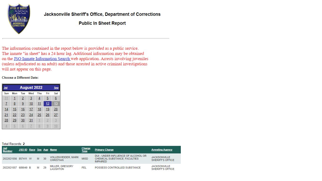 JSO Inmate Information Search